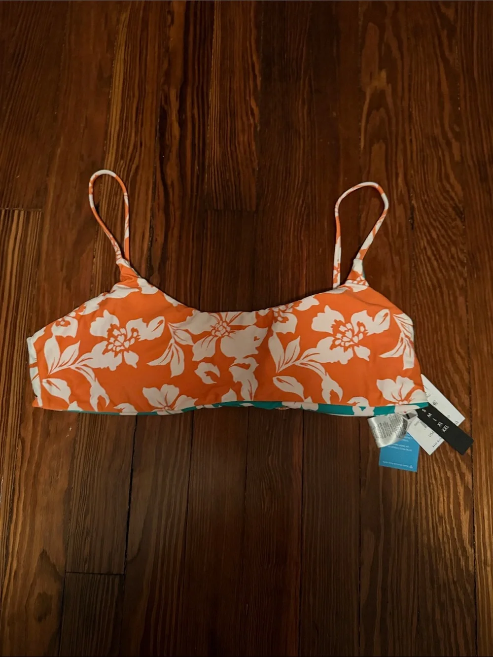 O'Neill Orange and White Floral Bandeau Bikini Reversible Top